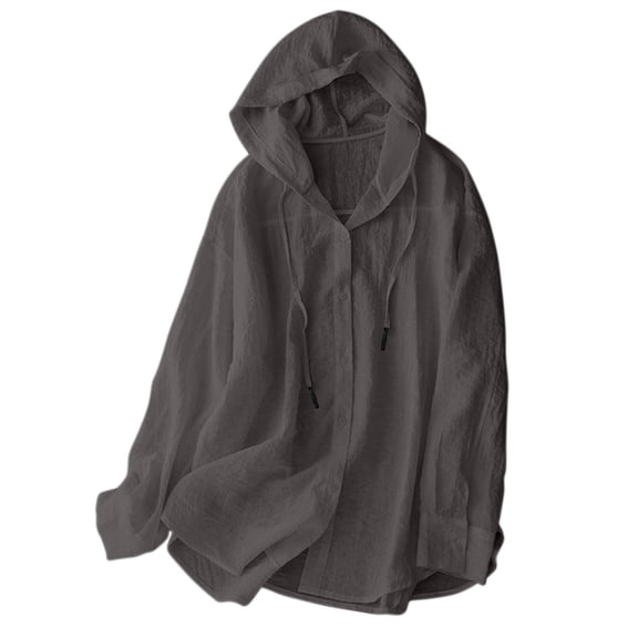jobturf Button Down Sun Hoodie Women Cotton Linen Long Sleeve UV Protection Shirts Lightweight Hoodies Hiking Vacation Tops S-2XL