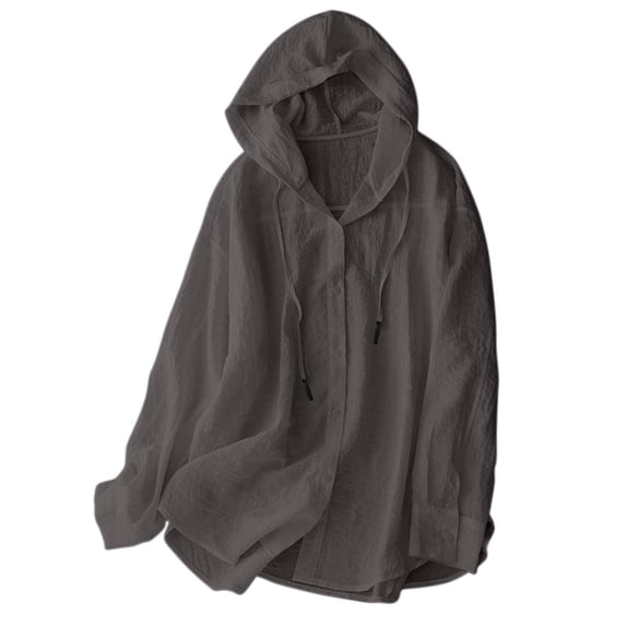 VBVC Women's Cotton Linen Button Down Shirts , Ladies' Long Sleeve Hooded Tops , Casual Drawstring Hoodies For Women, M-2XL