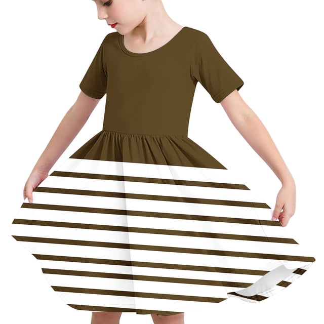 Odeerbi Niñas de Verano Vestido de Línea A Rayas Vestido de Columpio Vestido Elástico de Manga Corta Para Niños