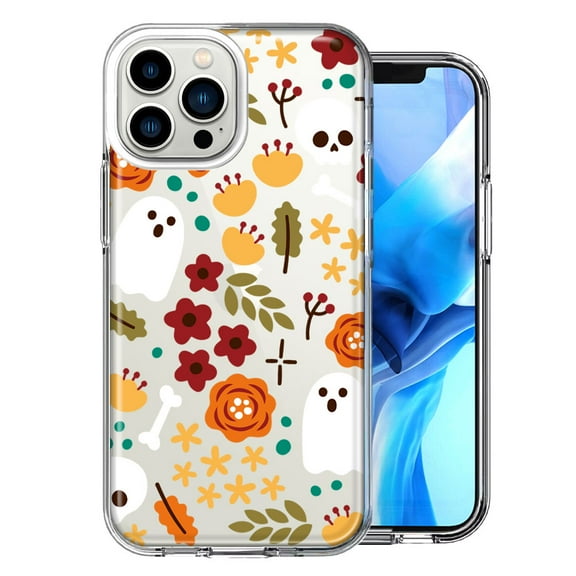 MUNDAZE Case for Apple iPhone 15 Pro Max Slim Hard Shell Soft TPU Hybrid Shockproof Heavy Duty Protective Phone Cover - Spooky Season Fall Autumn Flowers Ghosts Skulls Halloween