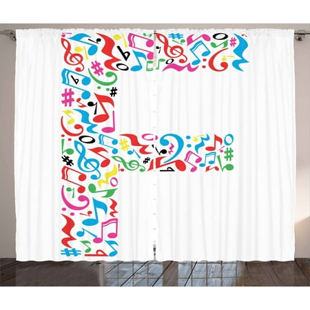 Music Note Design - Letter F Curtains 2 Panels Set, Letter F Alphabet with Vibrant Music Notes Harmony Song Design ABC Graphic Print, Window Drapes for Living Room Bedroom, 108W X 63L Inches, Multicolor, by Ambesonne