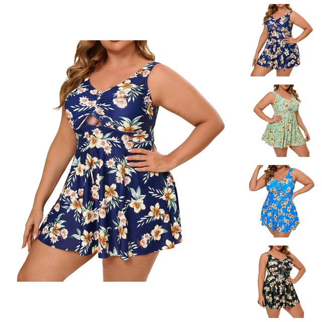Womens Swimsuits Tankini 2026 Casual Plus Size Modest Flowy Swim Dress with High Waisted Bottom Two Piece Bathing Suits Woman
