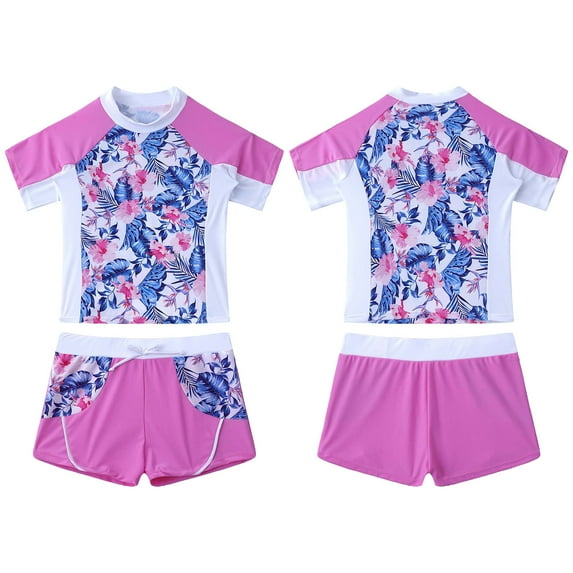 DPOIS Kids Girls Rashguard Tankini Swimsuit Floral Short Sleeve Shirt with Boyshorts Pink 16