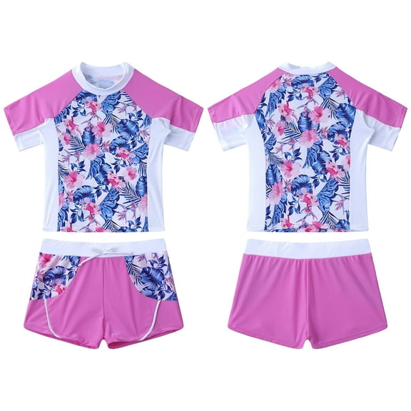 DPOIS Kids Girls Rashguard Tankini Swimsuit Floral Short Sleeve Shirt with Boyshorts Pink 14