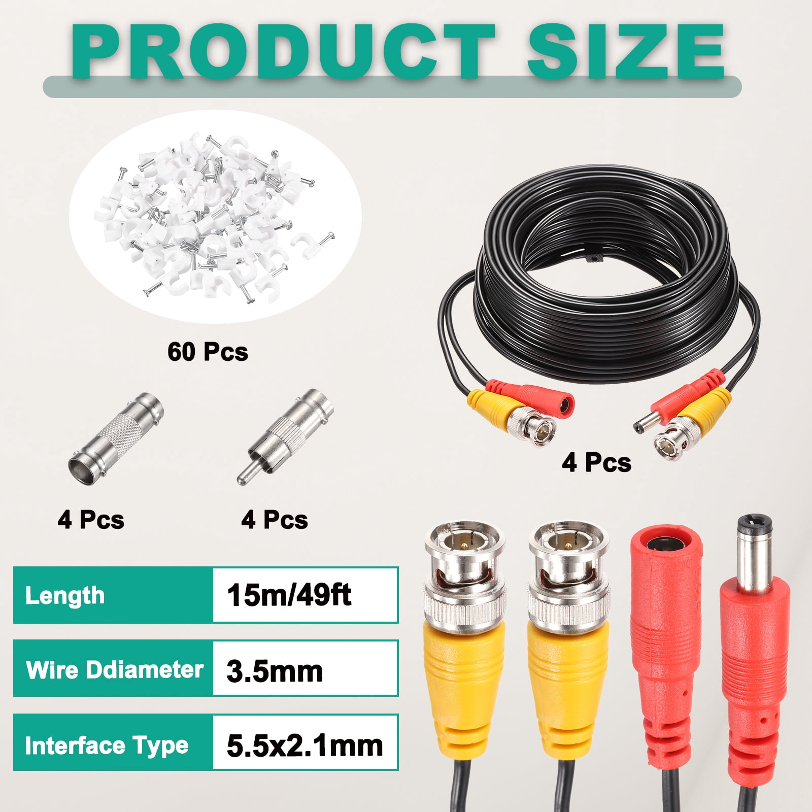 BNC Video Power Cable,15m/49ft All-in-One Security Camera Wire,4 Set Black