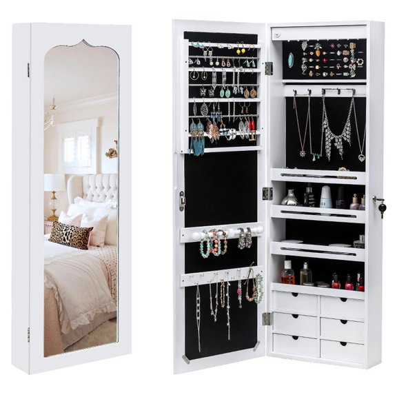 Winado Jewelry Storage Cabinet, Mirrored Wooden Wall Mounted 4-Layer Shelf and 6 Drawers,White