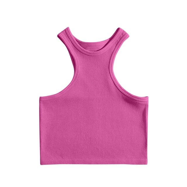 Timegard Womens Crop Tank Tops Crew Neck Ribbed Sleeveless Rackback Stretch Workout Running Yoga Tops
