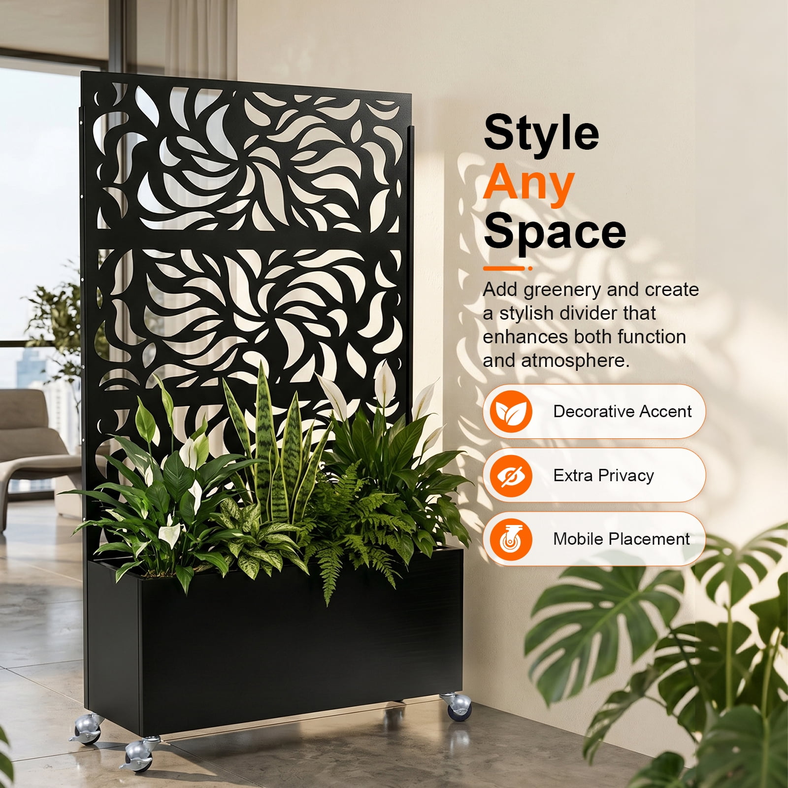 Privacy Screen with Planter Box, Black Metal Freestanding Decorative Fence Planter for Patio Balcony Backyard, 70.87" H x 46.06" W
