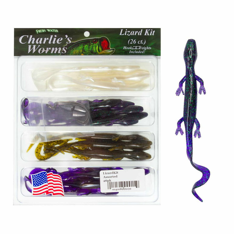 Charlie's Worms Gecko Lizard Kit Artificial Fishing Bait for Freshwater and  Bass Fishing Scented Lures 26pcs