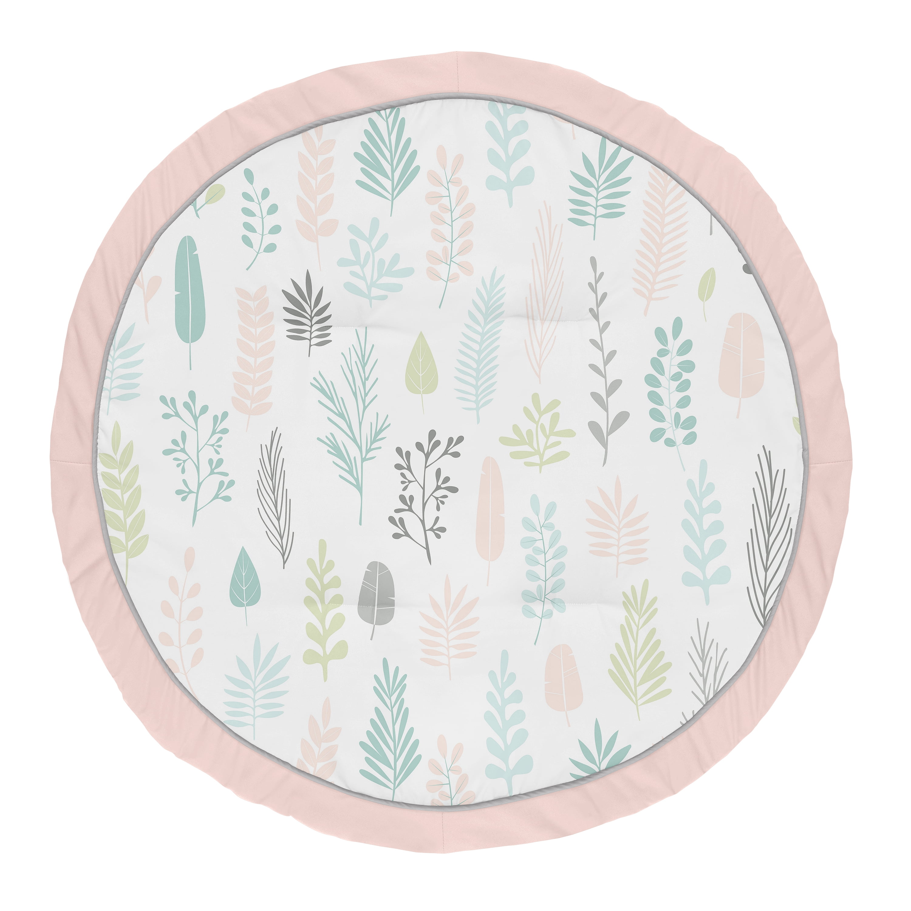 Sweet Jojo Designs Pink Leaf Girl Baby Playmat Tummy Time Infant Play Mat - Blush, Turquoise, Grey and Green Tropical Botanical Rainforest Jungle Sloth