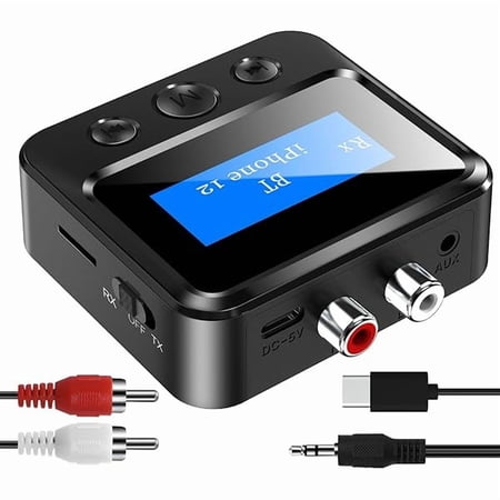 Bluetooth Transmitter Receiver for TV, Audio Adapter for Home Stereo with RCA 3.5mm AUX & Display, Bluetooth Transmitter for Headphones/Speakers/Airplane/Home Theater/PC/Car, TF Card Output