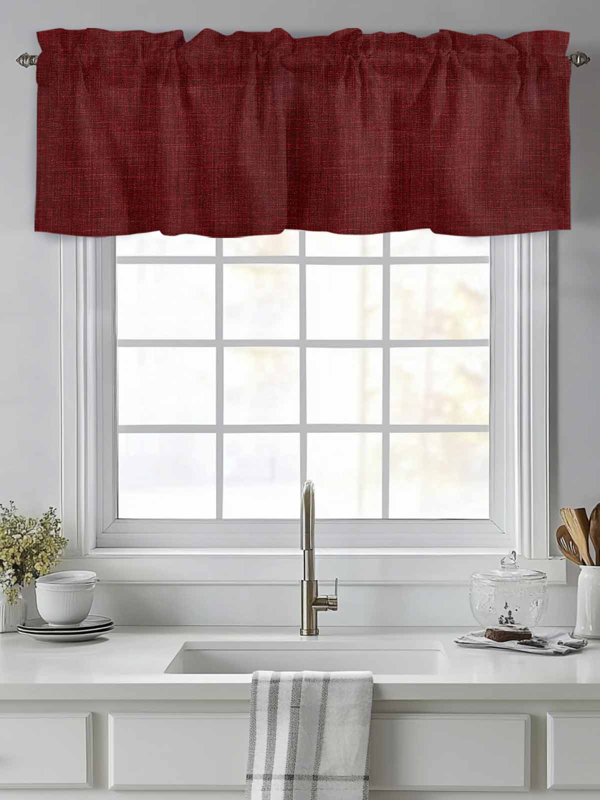 Valances for Windows Wine Red Linen Rod Pocket Cafe Window Treatments Valance Curtains for Kitchen Bathroom Laundry Basement Windows 60"x18"