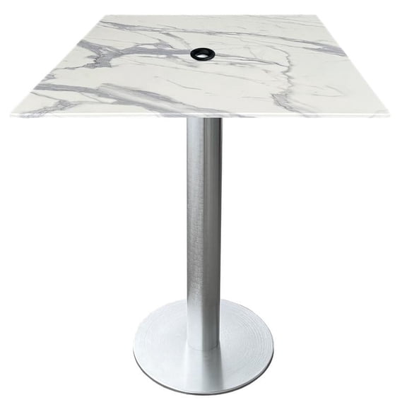 Indoor/Outdoor 42" Tall OD219 Brushed Aluminum Table Base with 18" Diameter foot and 32" x 32" Square Indoor/Outdoor White Marble Top with Umbrella Hole