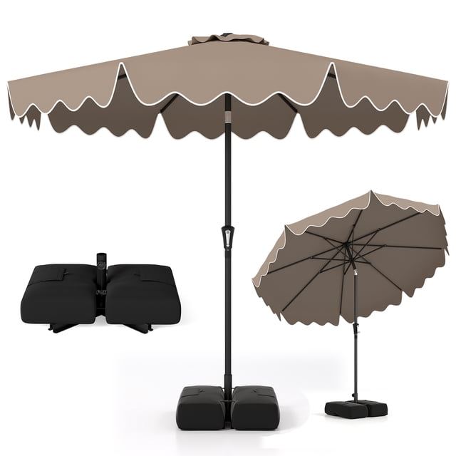 Costway Parasol de Patio 9 Pi avec Sacs de Sable à Base Lestée, Inclinaison à Bouton-Poussoir, Manivelle, Nervures Robustes, Brun