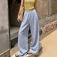 thumbnail image 2 of Linen Drawstring Pants Women Pinstripe Wide Leg Flowy Pants Palazzo Beach Casual Pant with Pockets Loose Summer Pant Blue S, 2 of 6
