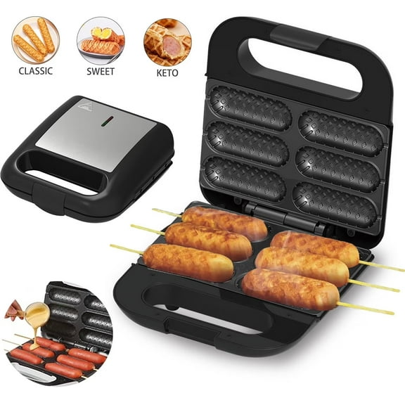 Waffle Maker, Corn Dog Waffle Maker with Non-stick Coating Plate, 750W Electric Hot Dog Waffle Machine Make 6 Corn Dogs, Easy to Clean, for Breakfast, Snacks, Desserts, Black