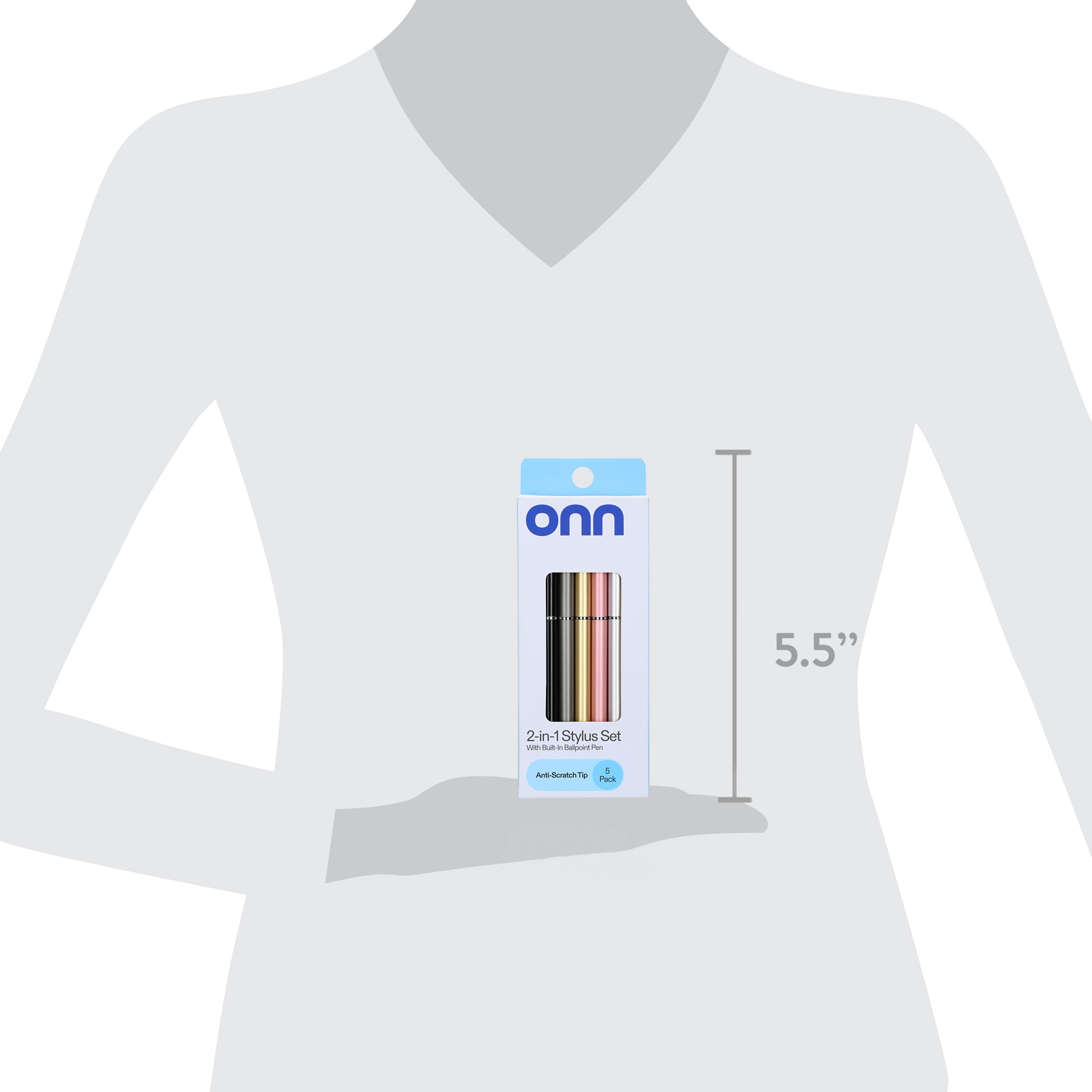 onn. 2-in-1 Stylus with Built-In Ballpoint Pen, 5 Pack