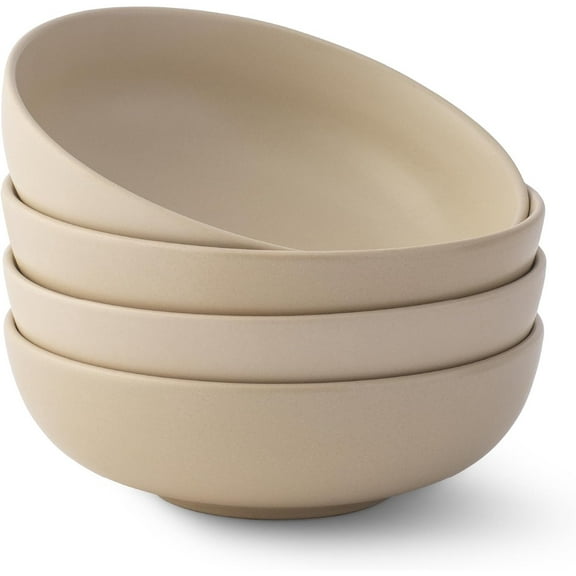 30oz Stoneware Pasta Bowls Set of 4, Salad and Serving Bowls for Kitchen, Oatmeal Soup Dinner, Matte Beige, Dishwasher and Microwave Safe, Wide and Shallow Plate