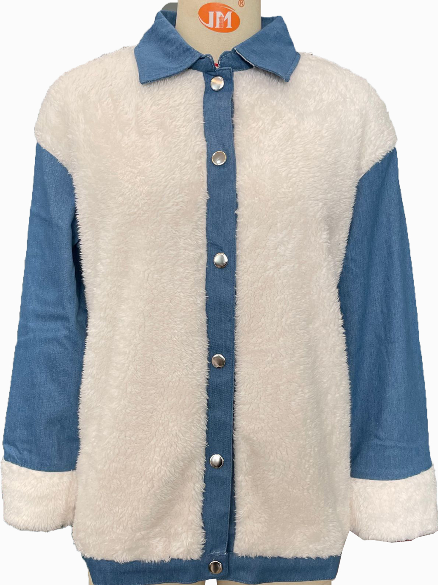 Pudcoco Women Plush Denim Jacket Winter Long Sleeve Patchwork Outerwear - image 2 of 5