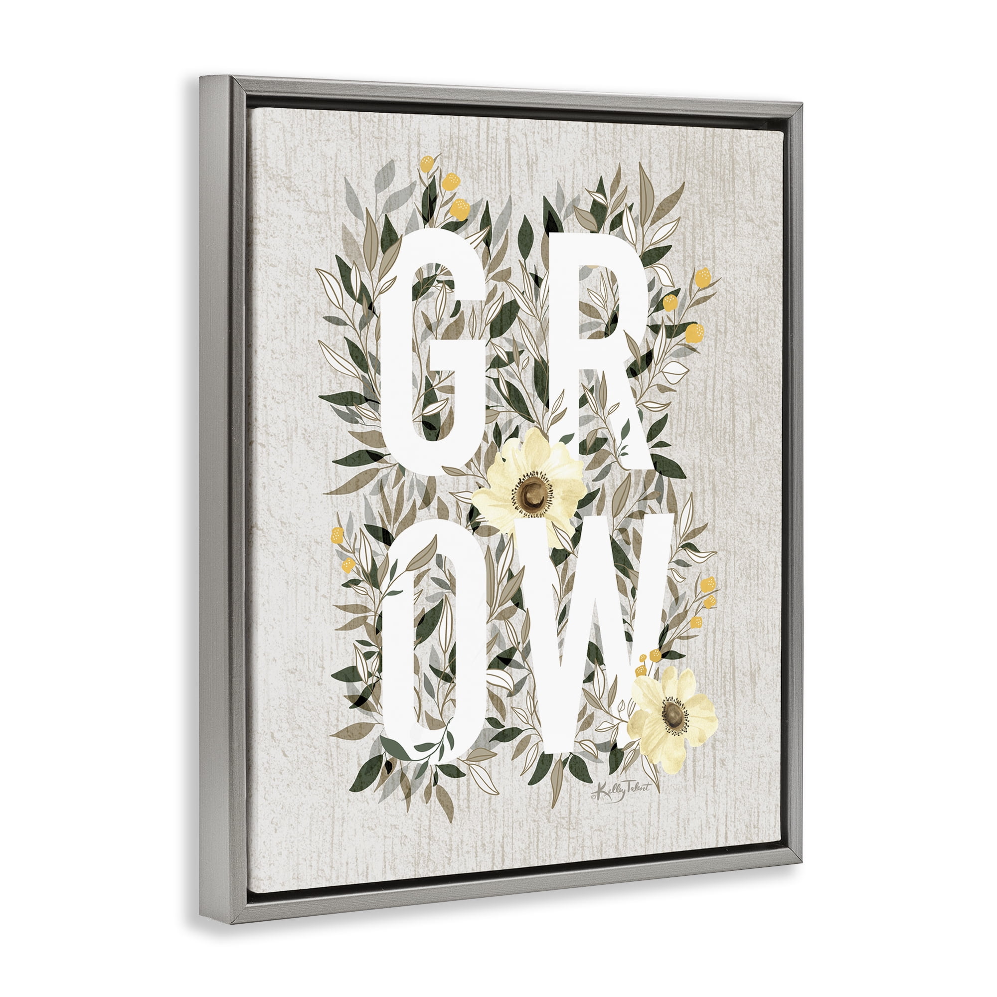 Stupell Industries Grow with Cottage Blooms Plants & Flowers Painting Gray Floater Framed Canvas Art Print Wall Art, 17 x 21