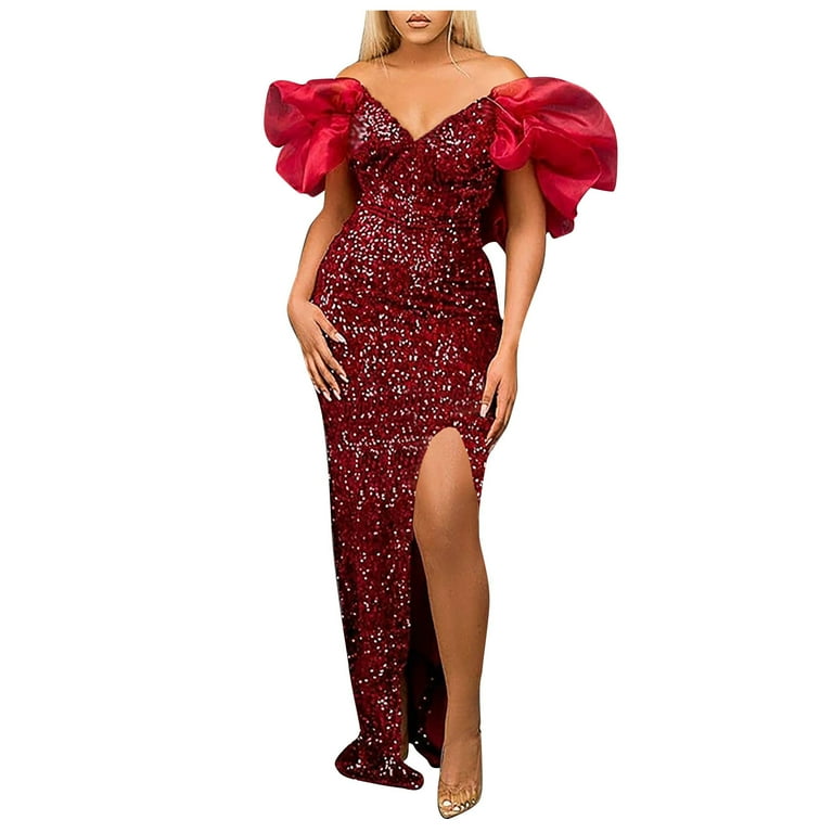 Sexy Solid Color Sequins Ruffle V Neck Evening Dresses Sexy Solid Color Sequins Ruffle V Neck Evening Dresses