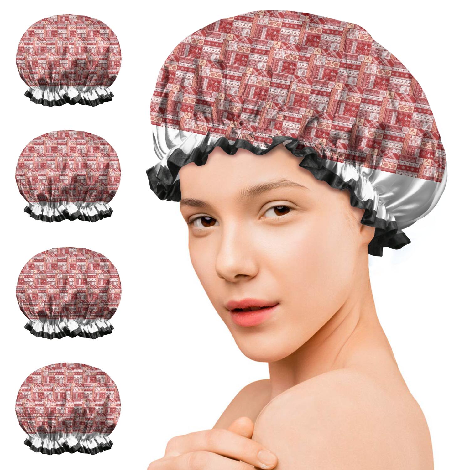 Shower Caps,Red Christmas Patchwork Pattern Waterproof Shower Cap for Women 4 Pieces,Double Reusable Hair Cover for Shower PEVA Elastic Stretch Hem