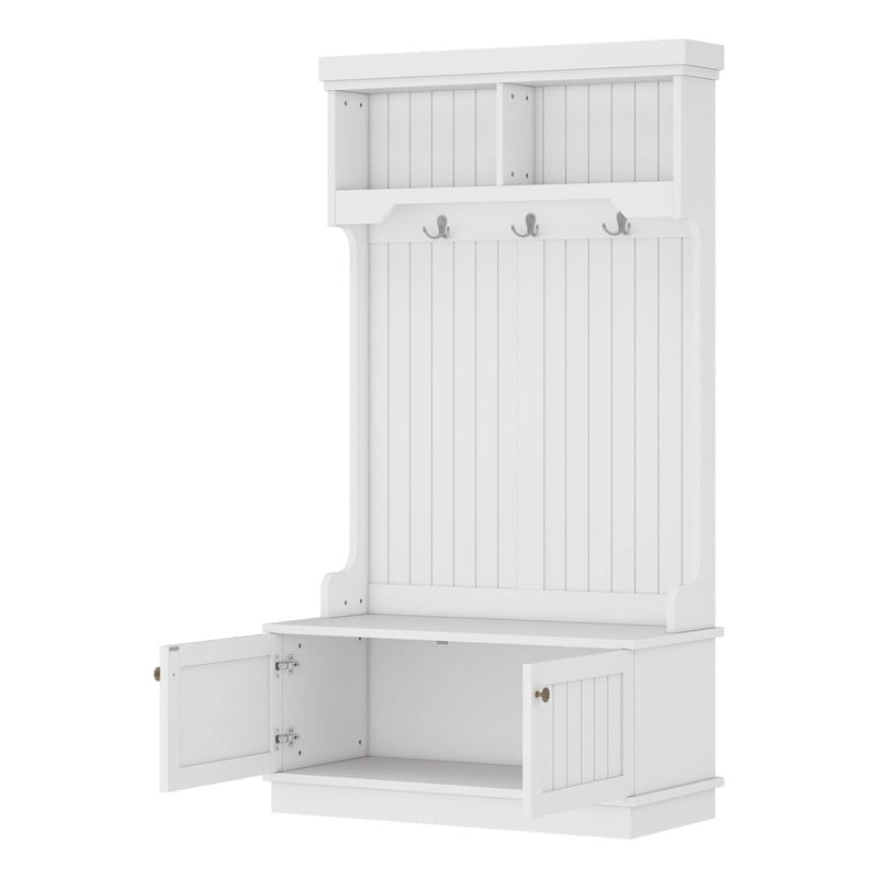 Small Entryway Hall Tree with Shoe Storage Bench, Hallway 4-in-1 Design Coat Cabinet with Hooks & Open Compartments