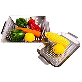 Macetas Para Patios Vegetable Grill Basket and Smoker Pan - Set of 2 - Stainless Steel BBQ Accessories for Outdoor Grilling Veggies,Fish,Seafood, Meat, Burger - Use as Fire Pit Topper - Cesta de Parrilla para Barbacoas ()