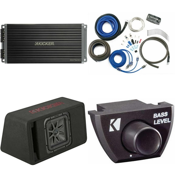 Kicker 45VL7R102 Single 10" L7R Loaded Vented Enclosure - 500 Watts RMS - w/ Key5001 Amp, Wiring Kit & Bass Knob Bundle