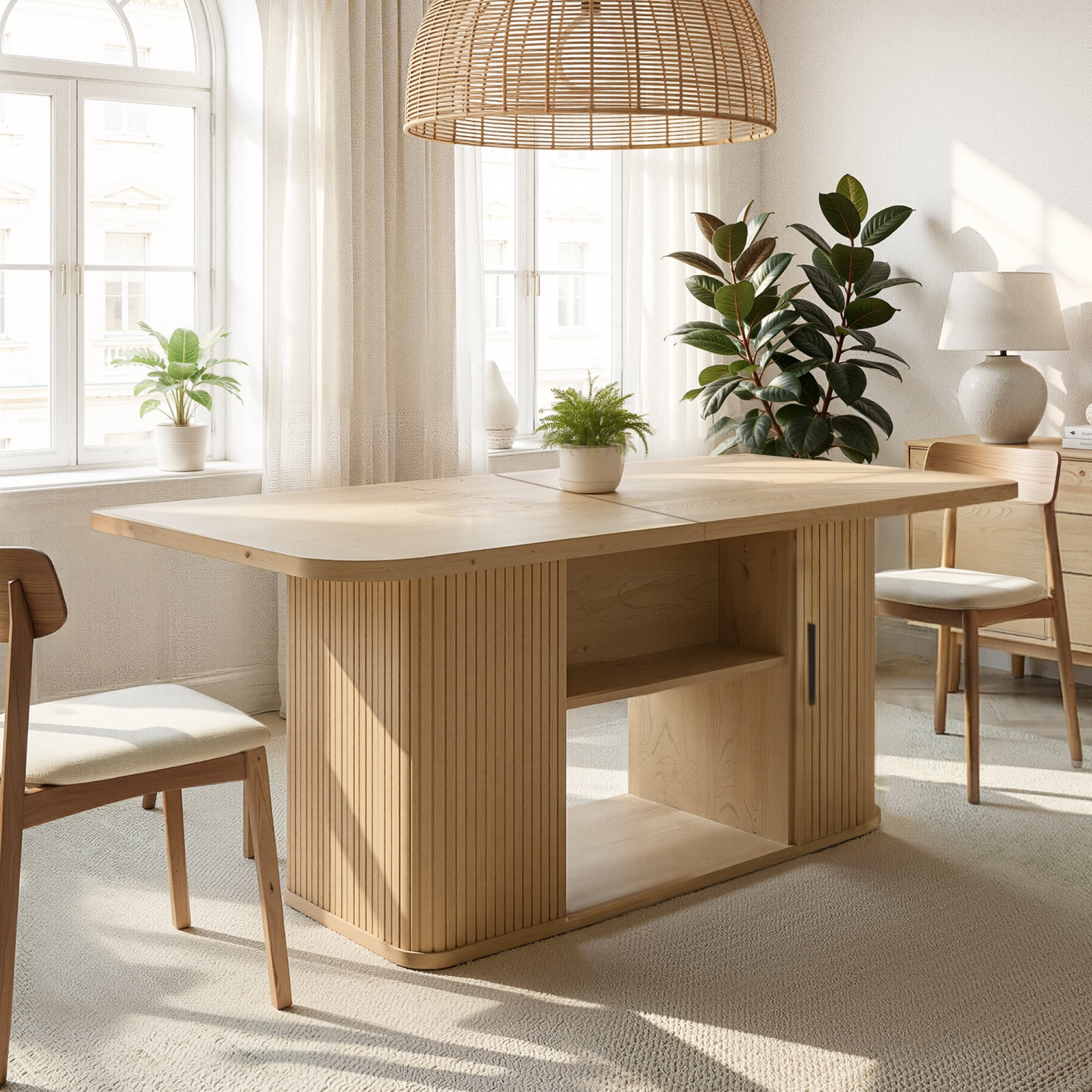 SUNCOZE 70in Dining Table for 4-8, Dining Leisure Table with Storage Shelves, 1.38" Thick Top, Scratch-Resistant, Natural Wood Finish, Multi-Use for Dining Room Kitchen Office, Wood Finish