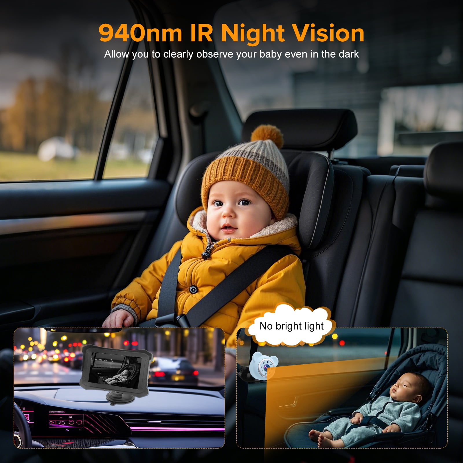 Baby Car Camera 5 inch Monitor for Backseat Simple Installation Carseat Camera with Rear-Facing Infant Monitoring IR Night Vision and 360° Rotatable Baby Car Monitor for Children(Blue)