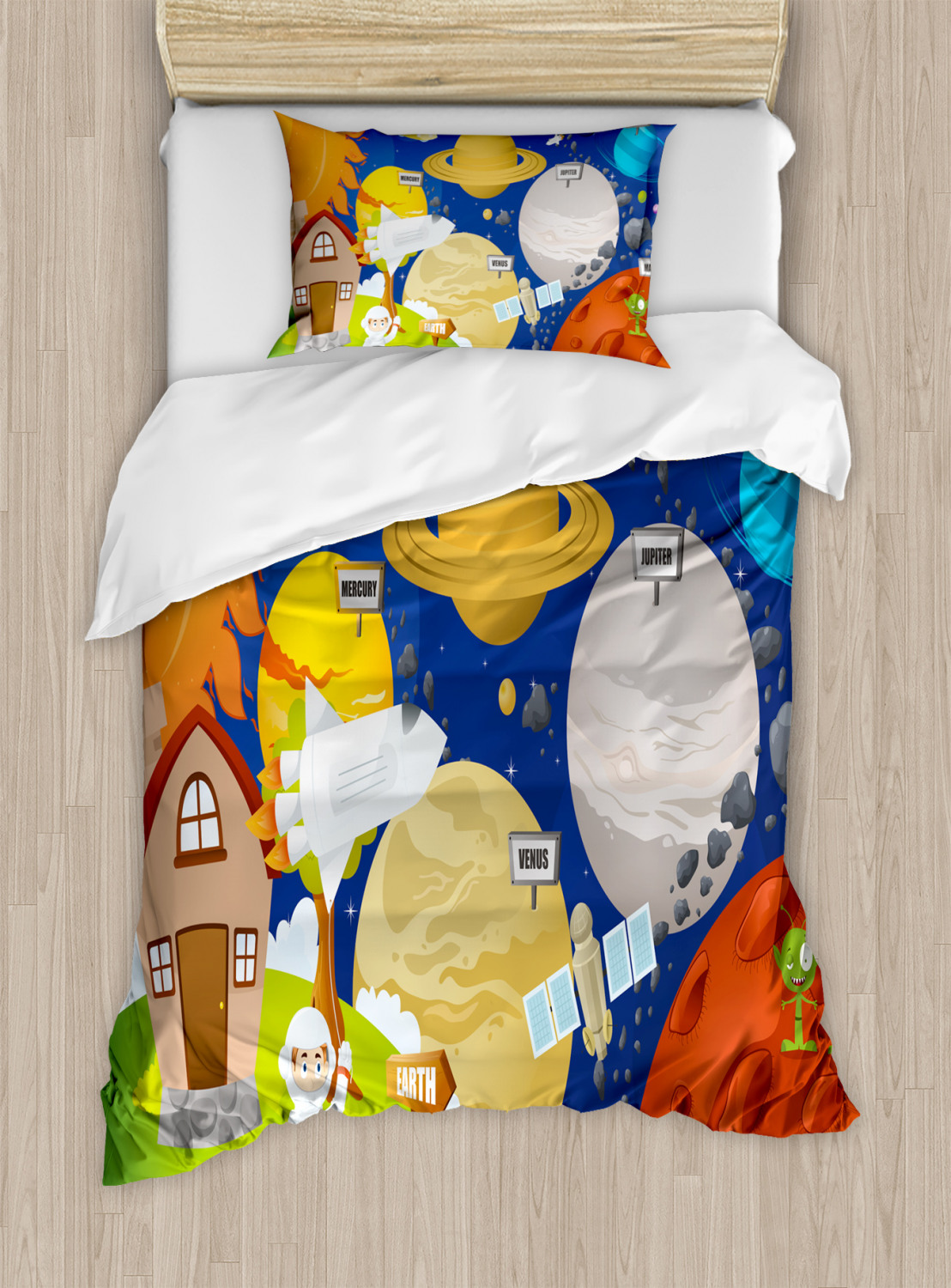 Educational Twin Size Duvet Cover Set, Cartoon Style Planet System and ...