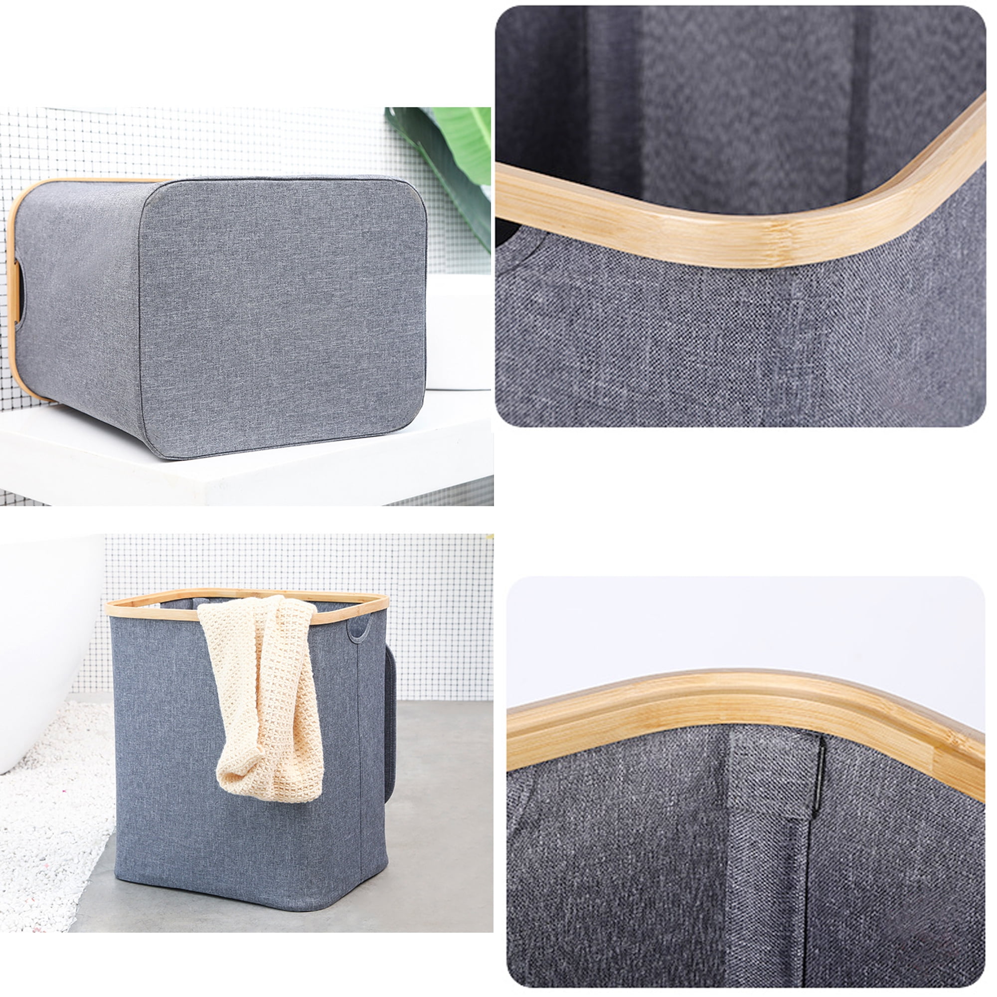 60L Capacity Bamboo Laundry Basket with Lid & Handle, Foldable Laundry Basket, Hamper