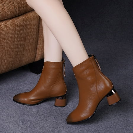 

Cathalem Rain Boots Womens Mid Calf Fashion Women Artificial Leather Solid Color Autumn Thick Sole Square Heels Zipper Mid Shoes Brown 7.5