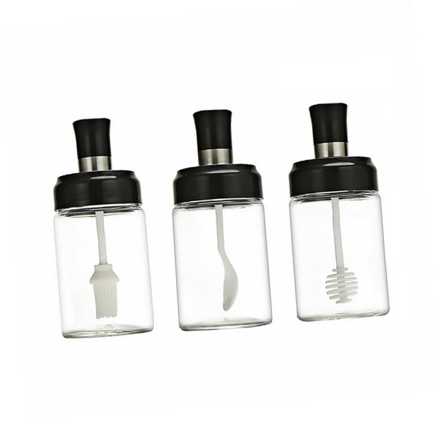 Juego de 3 tarros de condimentos transparentes para especias, tarros de condimentos de vidrio para sal y azúcar, recipiente de almacenamiento transparente con cuchara, botella de aceite de o