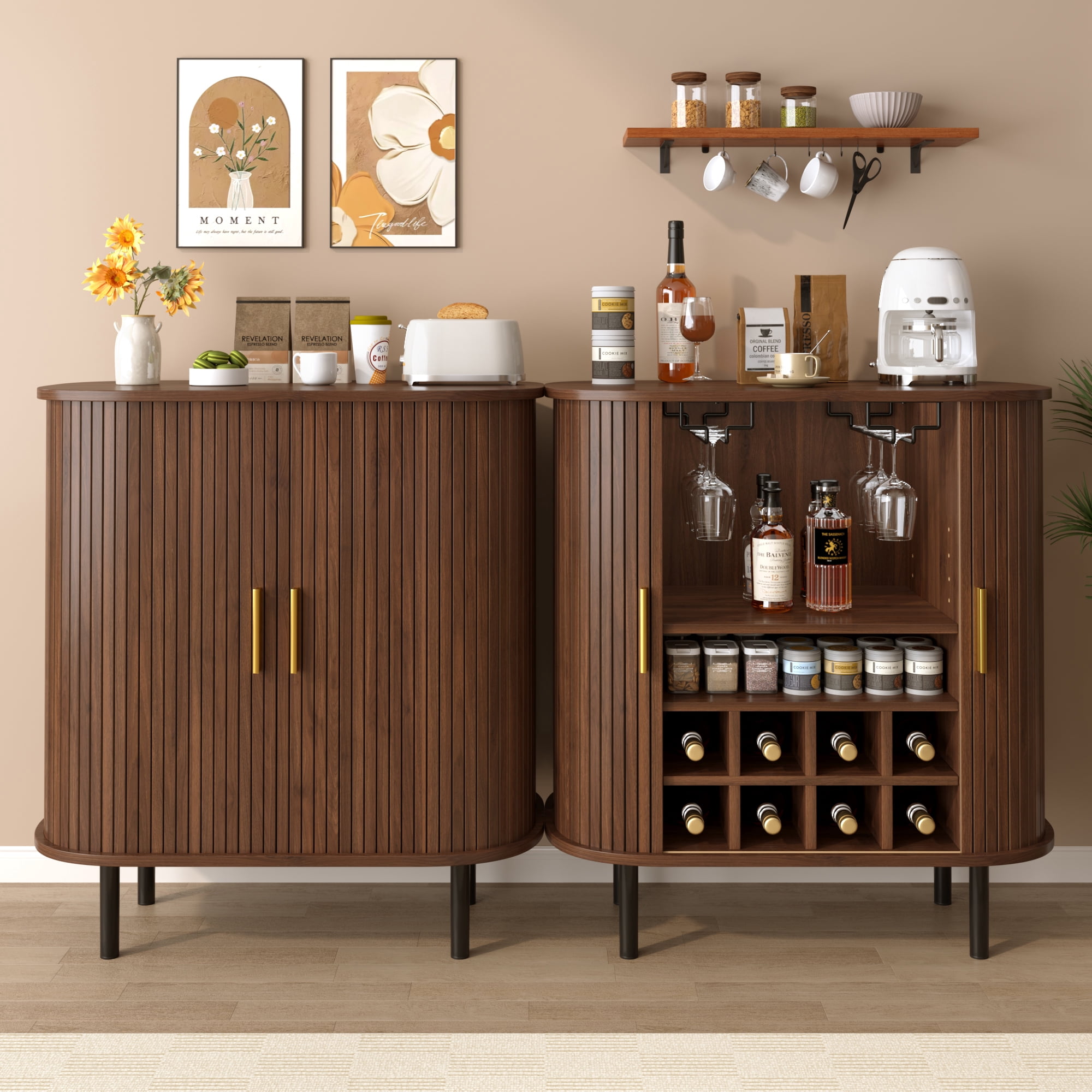 28" Fluted Wine Bar Cabinet – 8-Bottle Wine Rack, 5-Level Adjustable Shelves, 2 Glass Holders, Sliding Tambour Doors, 4 Hidden Side Compartments, Modern Liquor Coffee Station