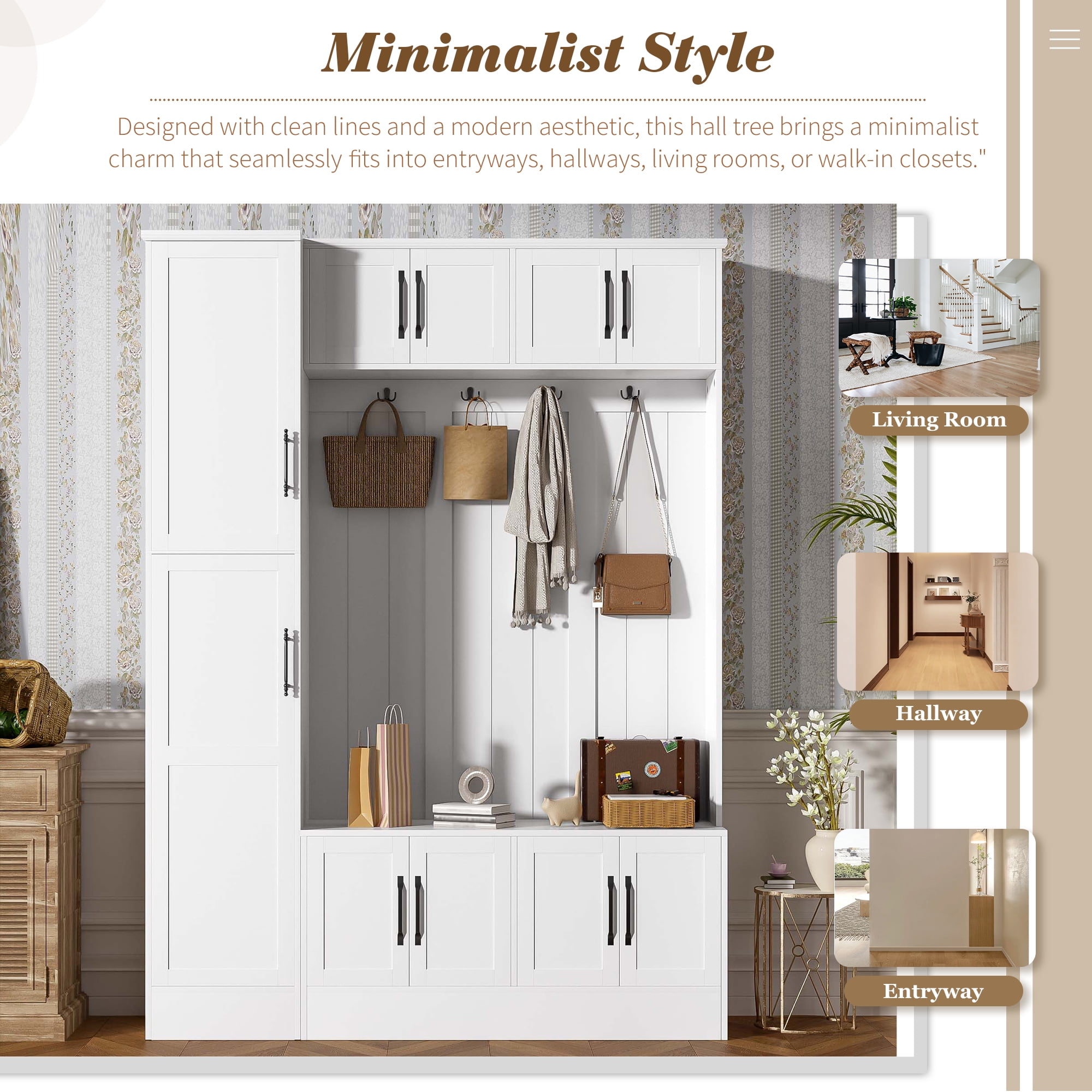 Euroco 79'' Tall Modern Hall Tree with Shoe Storage, 4-in-1 Entryway Bench with 6 Cabinets, 4 Coat Hooks & Adjustable Shelf for Hallway, living room, White