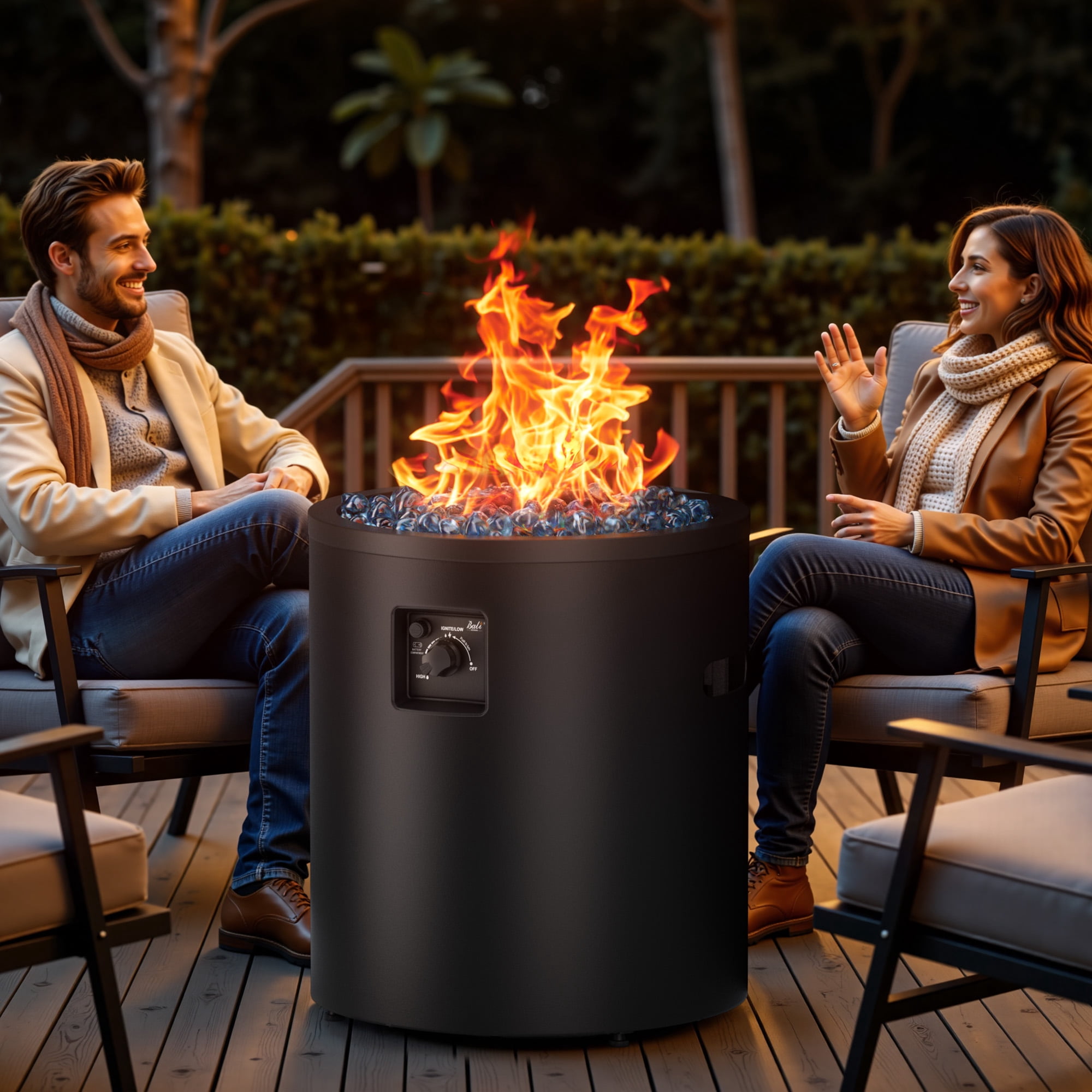 BALI OUTDOORS 23" Gas Fire Pit Propane Fire Column, 50,000BTU Round Propane Fire Pit Table with Glass Stones
