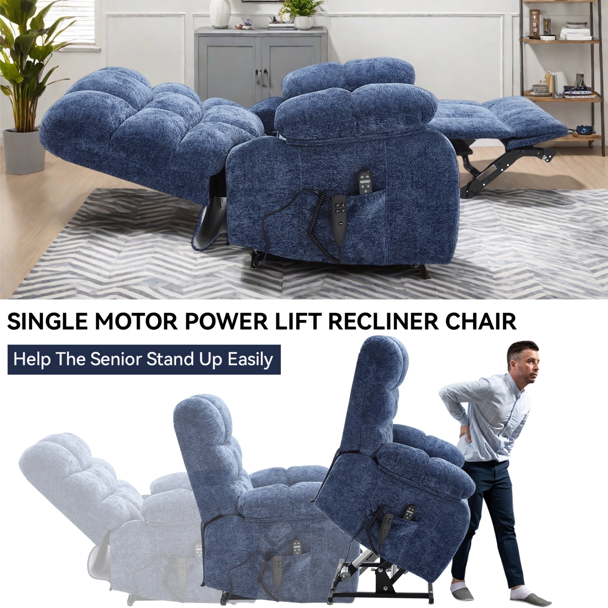Leumius Large Power Lift Recliner Chair for Elderly,Heavy Duty Chenille Recliners with Massage and Heating for Living Room,Navy Blue
