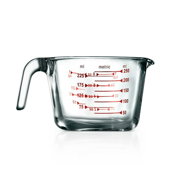 NutriChef High Borosilicate Clear Glass Measuring Cup with Customized Decal Scale, 250 ml