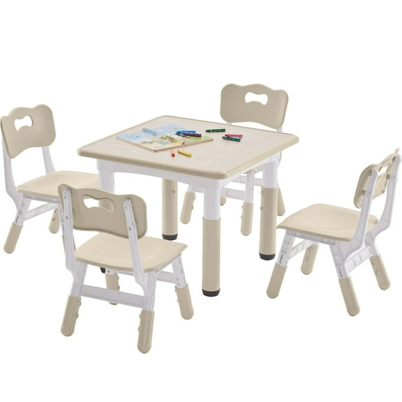 DOREROOM Kids Table and 4 Chairs Set, Height-Adjustable Toddler Table and Chairs Set with Graffiti Desktop, 23.6''L x 23.6''W Children Activity Table for Daycare, Classroom, Home