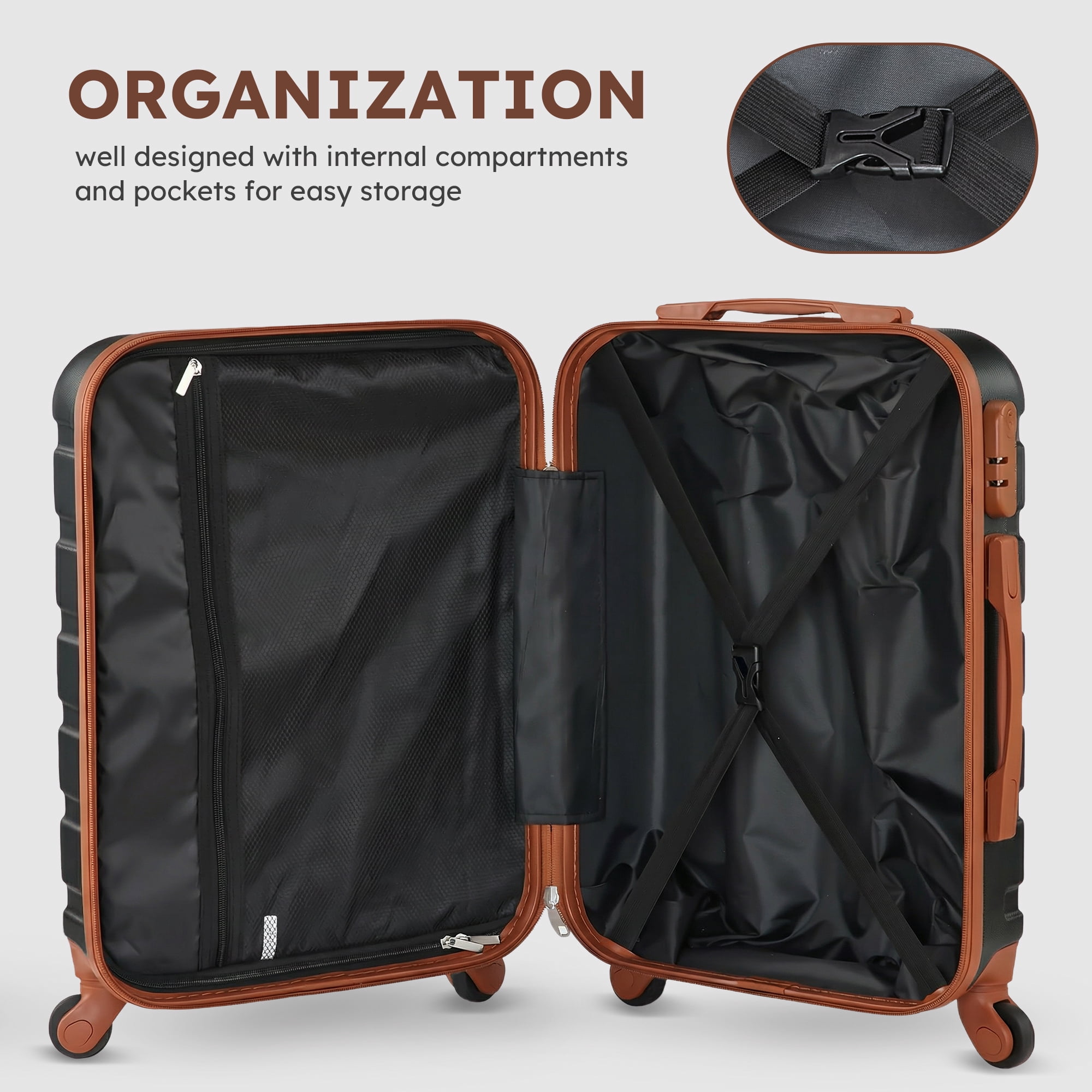 Gowill 3 Piece Luggage Sets,20 inch Hardside Lightweight ABS Carry-On Suitcase With Expandable Duffle Bag (Black Tan)