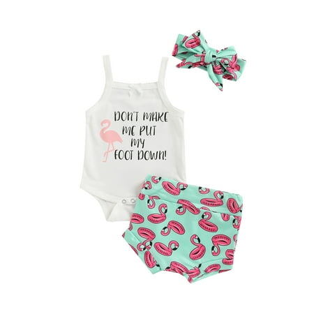 

Canis Baby Girl 3Pcs Romper Outfits Set Toddler Summer Letter Print Strappy Jumpsuit + Flamingo Bloomer Shorts with Headband