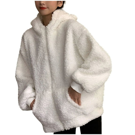 Women's Fuzzy Jackets Hooded With Bear-Ears Full-Zip Long Sleeve Cardigan Polar Fleece Casual Outwear With Pockets (XL, White)