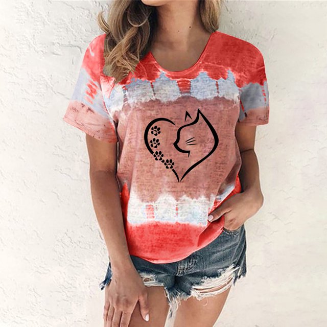 ICHUANYI Clearance Fashion Women Summer Sexy Gradient Print Regular Women Short Sleeves Top(Wine, XL) ICHUANYI WER2023081504438