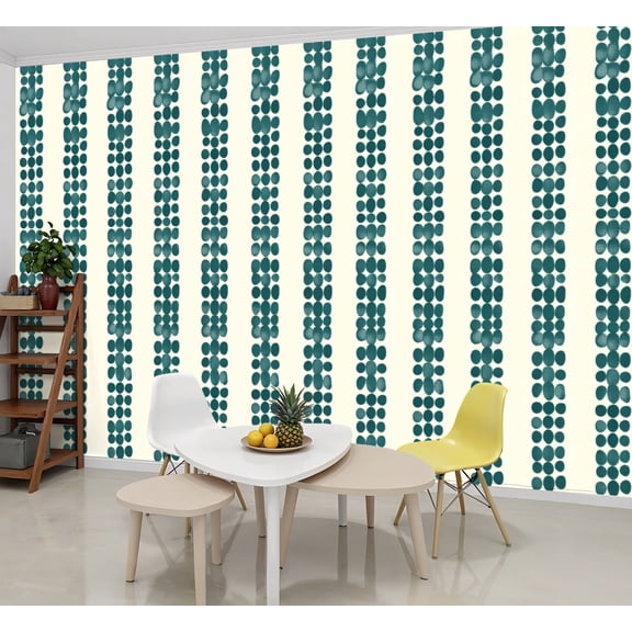 Wallpaper Teal Circular Dot Vertical Stripe Beige Minimalist Peel and Stick Wall Murals 69"H x 96"W Removable PVC Wall Paper Self-Adhesive Wall Paintings Art Decor for Bedroom Living Room