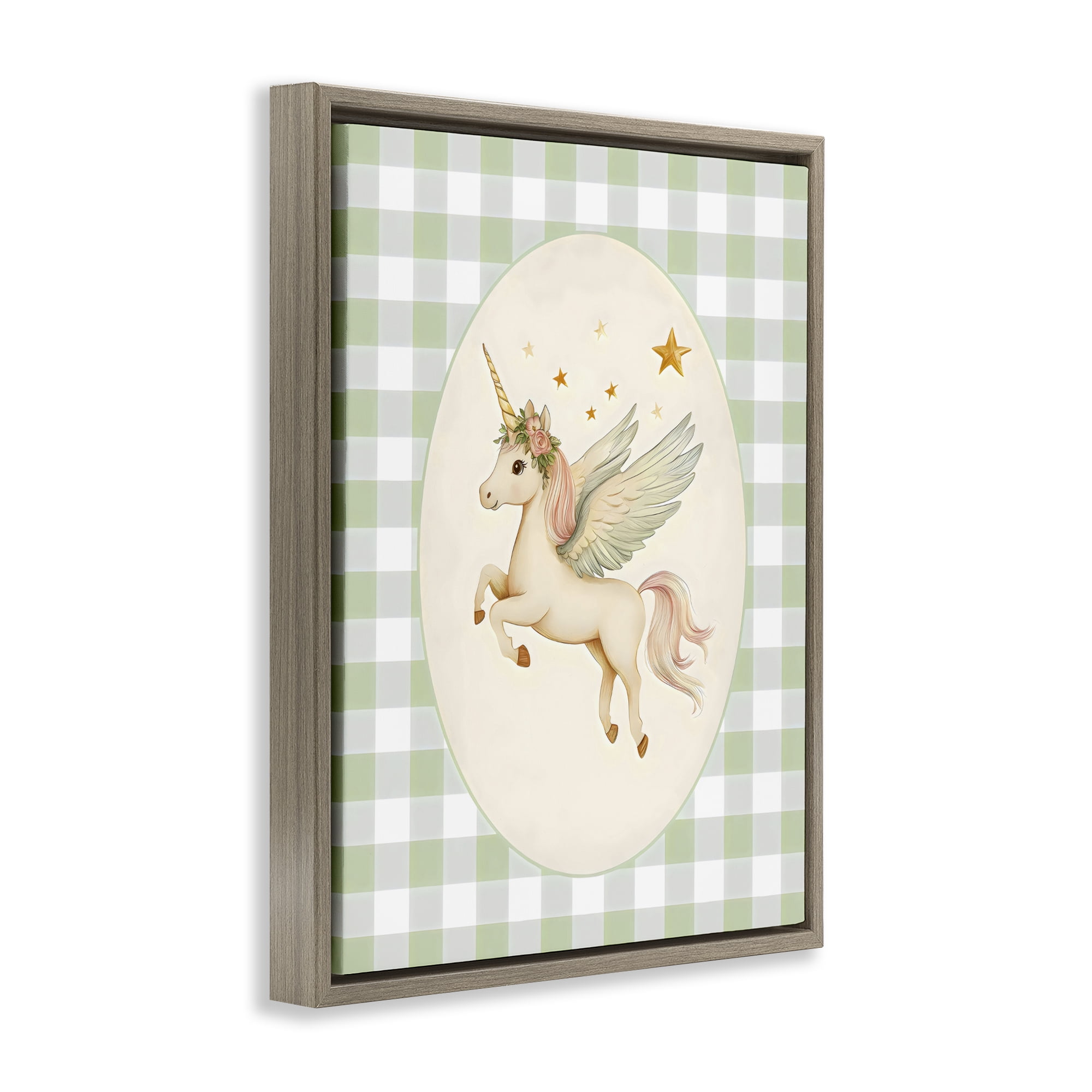 Stupell Industries Winged Unicorn over Green Gingham Brown Framed Floater Canvas Wall Art, design by Arlington Prints