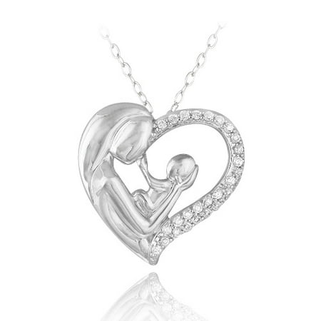 Baby Shoes Heart Necklace - Sterling Silver CZ Mother Holding Baby Heart Necklace