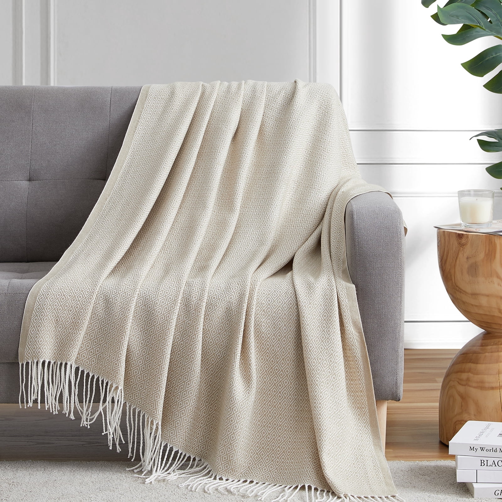 Bourina Herringbone Beige Throw Blanket for Couch, Suitable for Adult, Soft and Lightweight, 50"x 60"