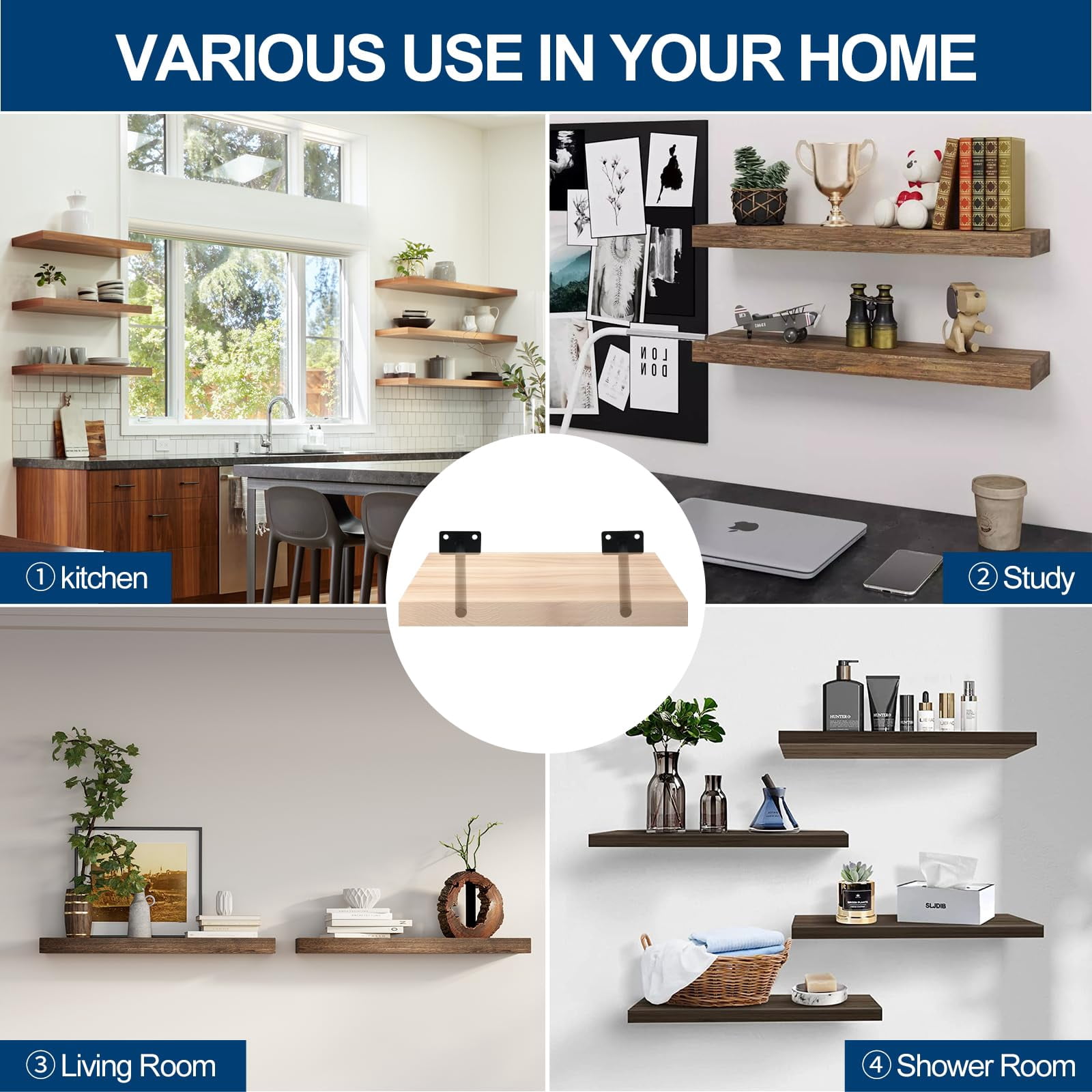 8 8" Black Solid Steel Floating Shelf Bracket Blind Supports - Brackets For Wood Shelves Concealed Support Screws And Wall Plugs Included